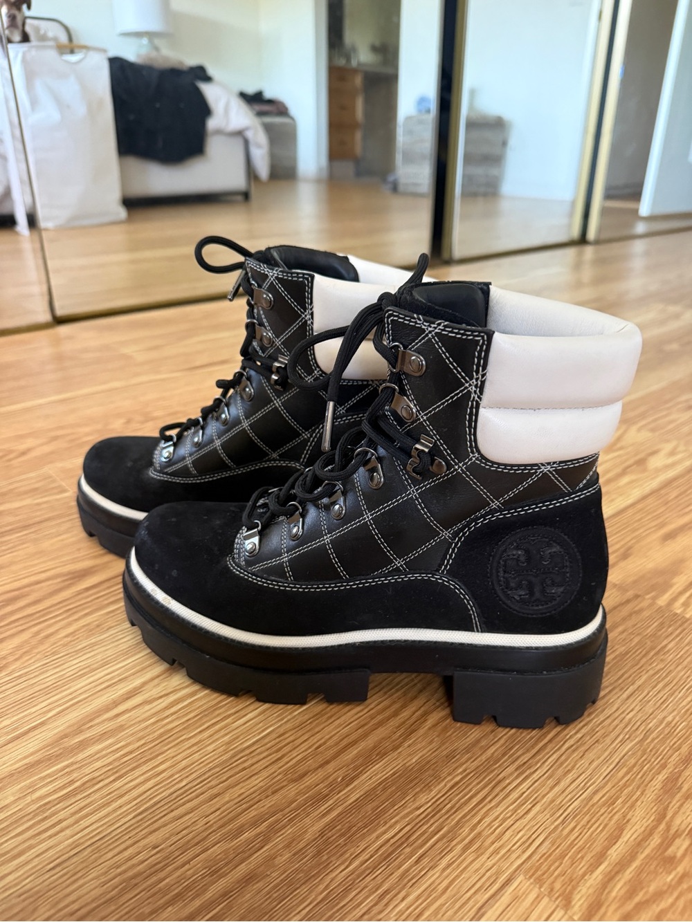 TORY BURCH Miller Lug Hiker Boot Black / White